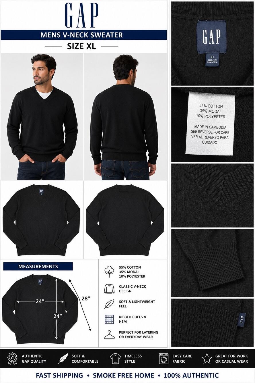 GAP Mens XL Black V Neck Sweater Cotton Modal Knit Long Sleeve Pullover